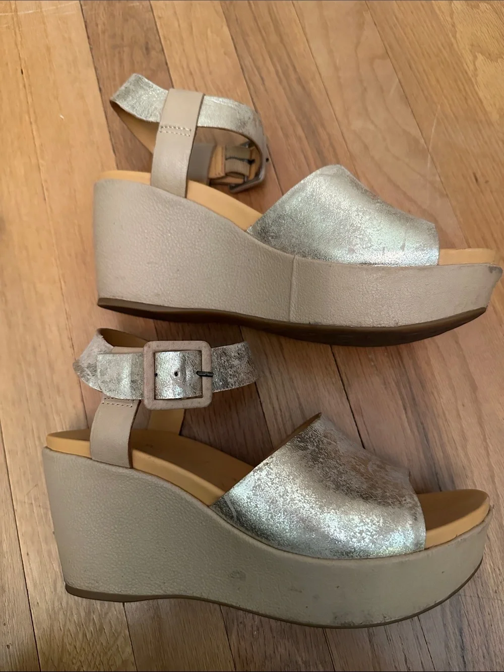 Kork-Ease Metallic Gold Open-Toe Ankle Strap wedge Sandals